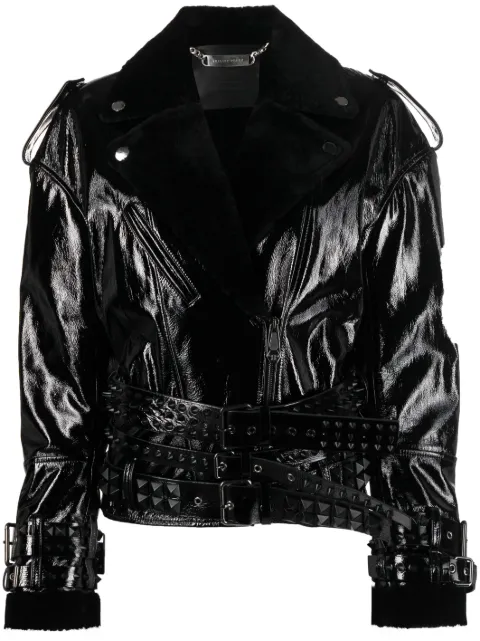 Philipp Plein shearling-collar patent-leather jacket Black AACCWLB1050PLE137N