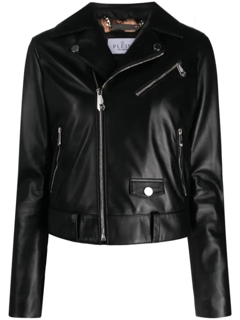 Philipp Plein crystal-embellished leather biker jacket Black AACCWLB1038PLE010N