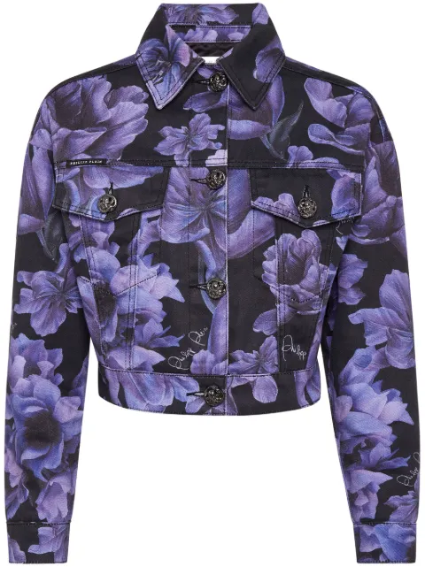 Philipp Plein floral-print cropped denim jacket Black AACCWDB0604PDE004N