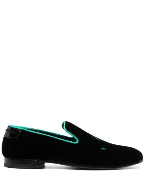 Philipp Plein slogan-embroidered velvet loafers Black AACSMSB0712PTE086N