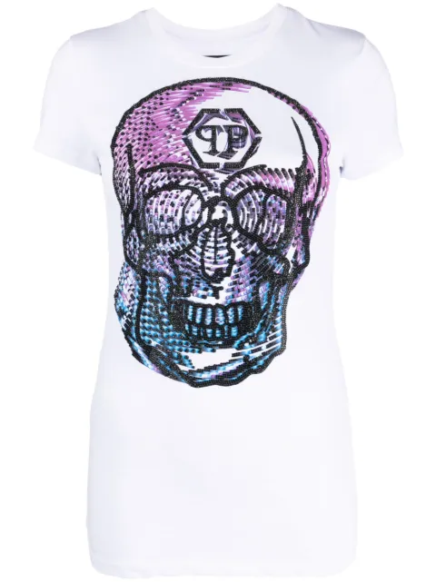 Philipp Plein crystal-embellished skull-print T-shirt White AACCWTK3010PJY002N