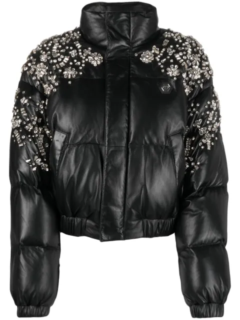 Philipp Plein crystal-embellished leather puffer jacket Black AACCWLB1054PLE010N