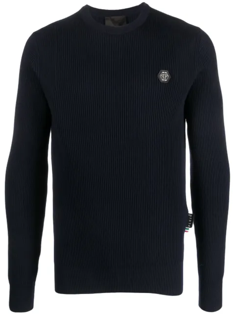 Philipp Plein Skull&Bones merino knit jumper Blue AACCMKO1294PTE076N
