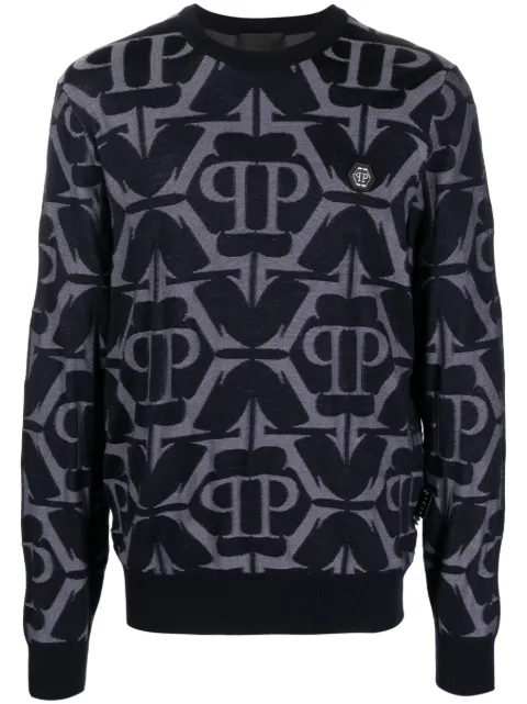 Philipp Plein Chrome patterned-intarsia sweatshirt Blue AACCMKO1289PTE108N