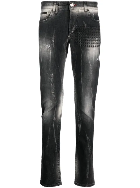 Philipp Plein Skull&Bones-embroidered faded jeans Grey AACCMDT3655PDE004N
