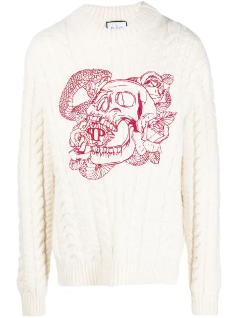 Philipp Plein skull-embroidered cable-knit sweatshirt White AACCMKO1314PTE076N