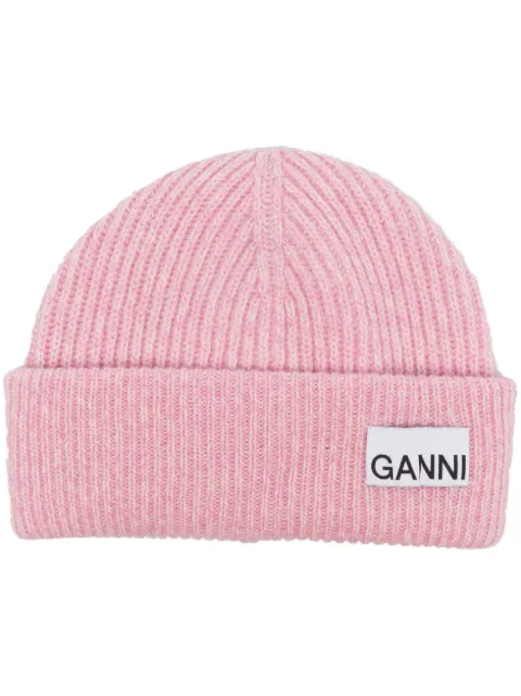 GANNI light pink fitted rib knit wool beanie Pink A5019