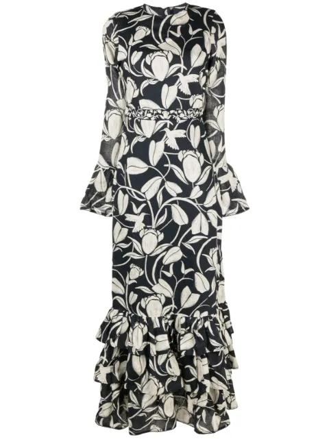 Agua By Agua Bendita Annato Flora-print ruffled linen dress Blue 12081