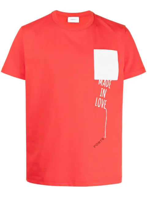 Ports V logo-embroidered patchwork-detail T-shirt Red VS23TE06