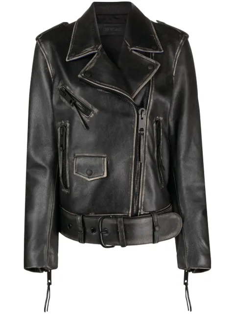 Off-White faded-effect leather biker jacket Black OWJG013F23LEA0011001