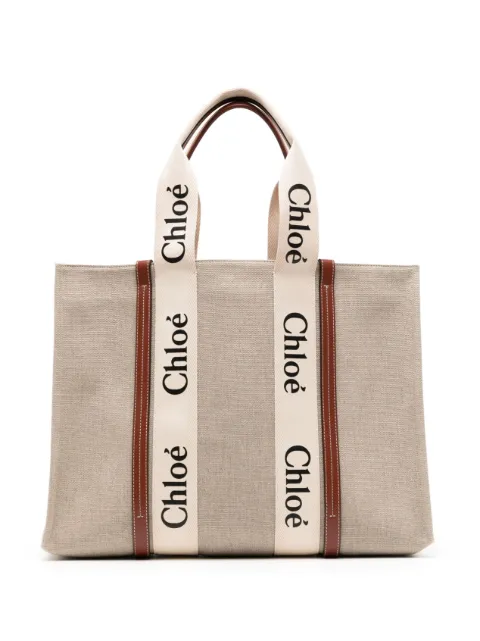 Chloé large Woody linen tote bag Neutrals CHC22AS382I26