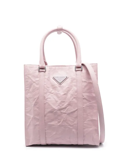 Prada logo-plaque crinkle-effect tote bag Pink 1BG458VMOOUVL