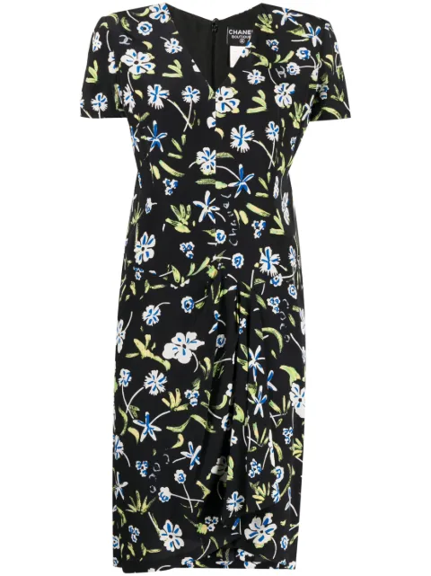 CHANEL Pre-Owned 1997 floral-print draped silk dress Black 97PP07859V05579I0206