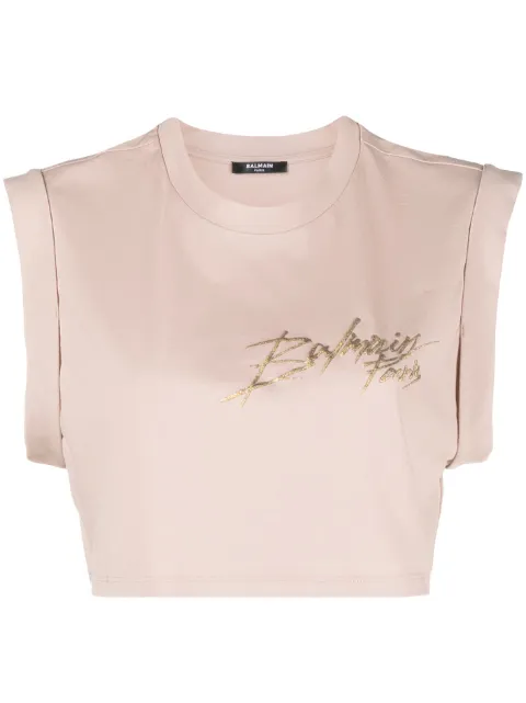 Balmain logo-print cotton crop top Neutrals AF0EA020BC25