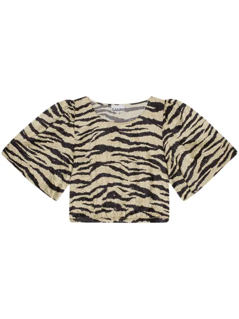 GANNI zebra-print crinked cropped T-shirt Neutrals F8014