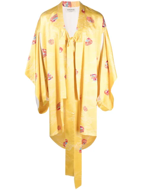 A.N.G.E.L.O. Vintage Cult 1990s beach print square-sleeved midi silk coat Yellow ANGE390LL