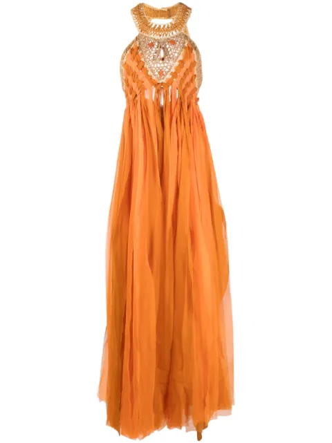 Alberta Ferretti stone-embellished fringed maxi dress Orange AEF231M04110114