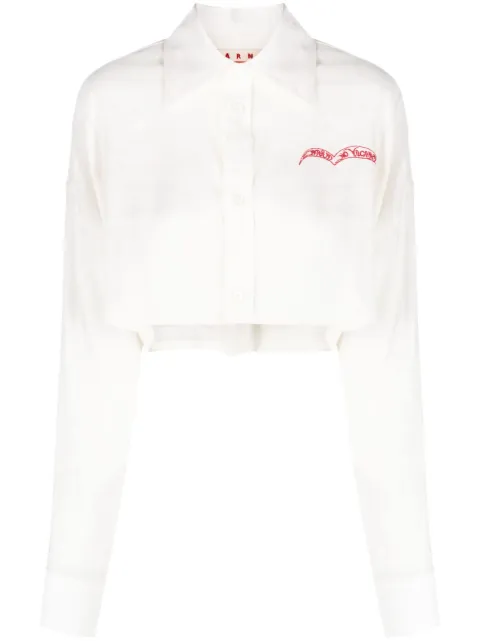 Marni slogan-embroidered long-sleeve cropped shirt Neutrals CAMA0540SXUTL004
