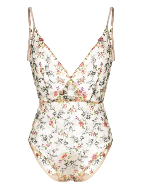 Gilda & Pearl floral-embroidery silk bodysuit Brown 2333FIORI