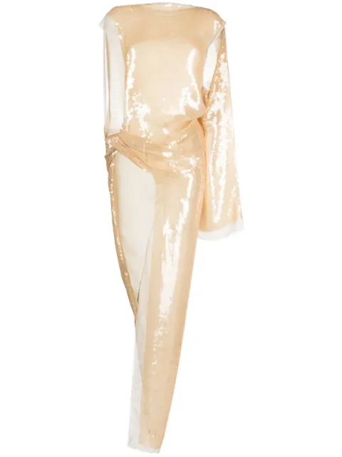 Rick Owens asymmetric sequinned chiffon maxi dress Neutrals RO01C5580SEM1