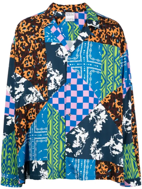 COUNTY OF MILAN mix-print camp collar shirt Blue CMGE002S23FAB0014584