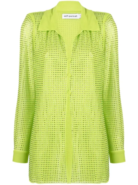 Self-Portrait Hotfix rhinestone-studded mesh shirt Green PF23176TGHOTFIX