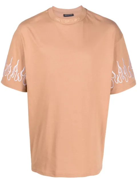 Vision Of Super flame-embroidered cotton T-shirt Brown VS00590