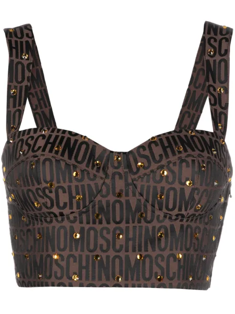 Moschino logo-print crystal-embellished top Brown A14027715