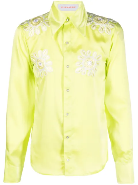 BLUEMARBLE floral-embroidery satin shirt Green SH20PL19A23