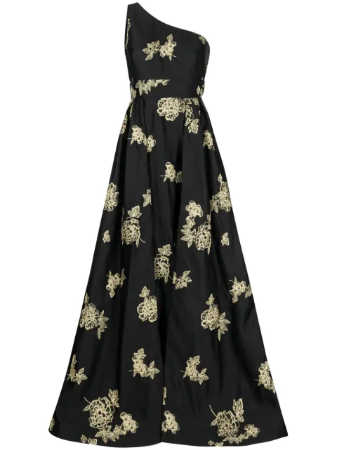 Marchesa Notte floral-embroidered one-shoulder gown Black N68G3448