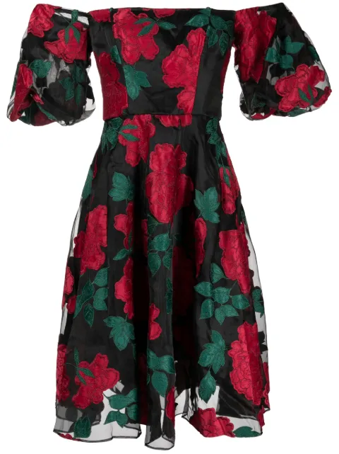 Marchesa Notte Claude floral-appliqué midi dress Black N67C3474