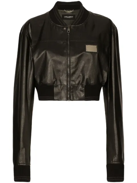 Dolce & Gabbana logo-plaque cropped leather jacket Black F9R14LGDBVO