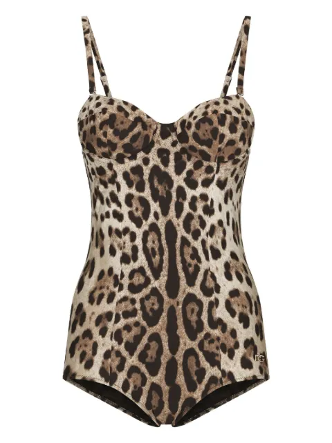 Dolce & Gabbana leopard-print logo-lettering swimsuit Neutrals O9A13JONO11
