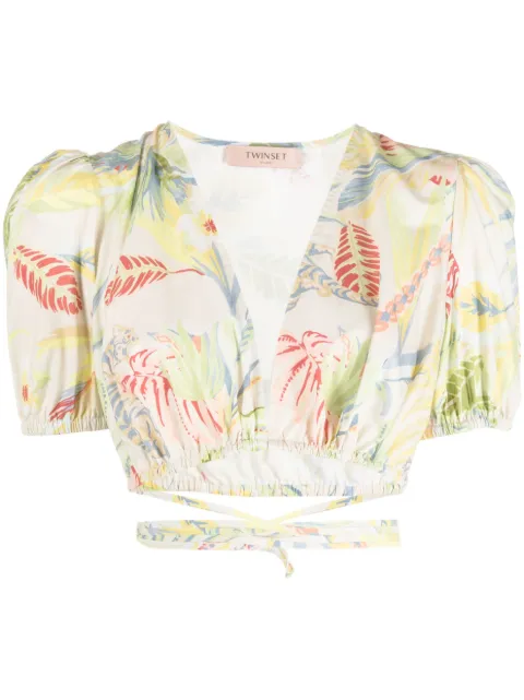 TWINSET floral-print wraparound cropped top Neutrals 231TT2493