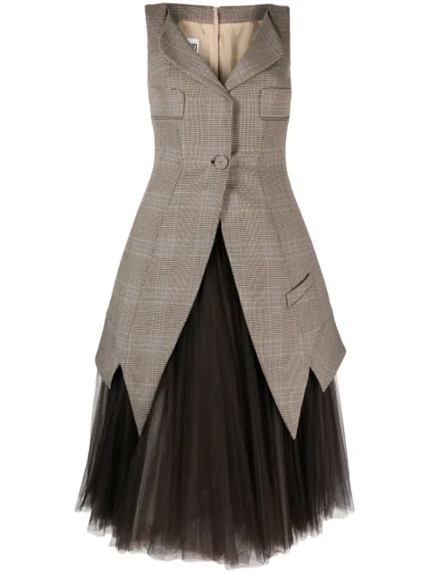 Moschino Glen plaid tulle-underlayer midi dress Brown A04165546