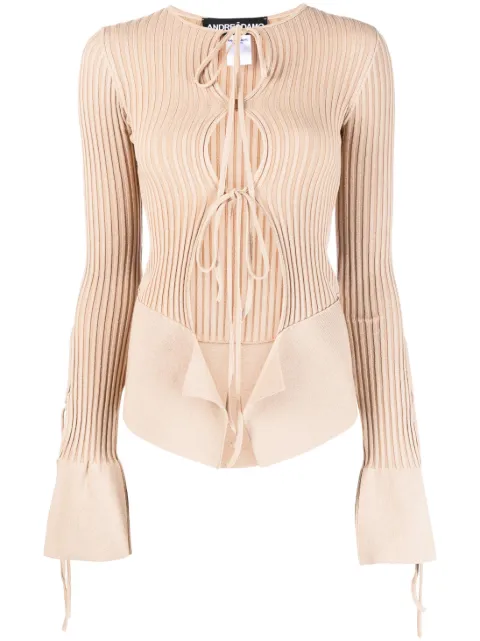 ANDREĀDAMO tie-fastening long-sleeve knitted top Neutrals CA03947268