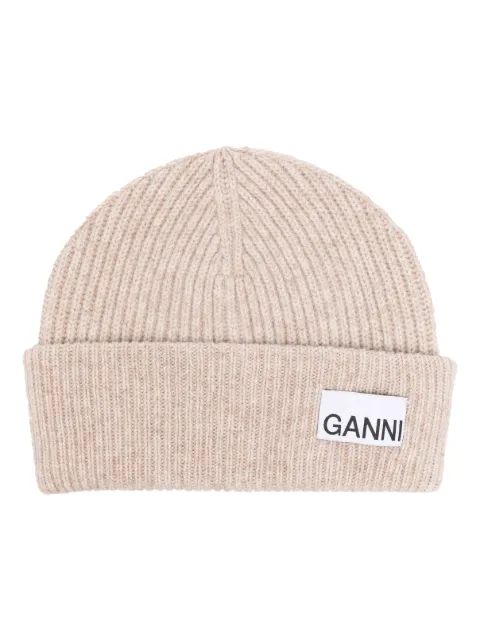 GANNI sand fitted wool rib knit beanie Neutrals A5369