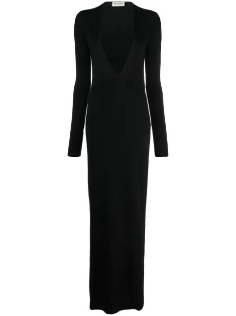 Saint Laurent plunge-neck wool maxi dress Black 724143YAZA2