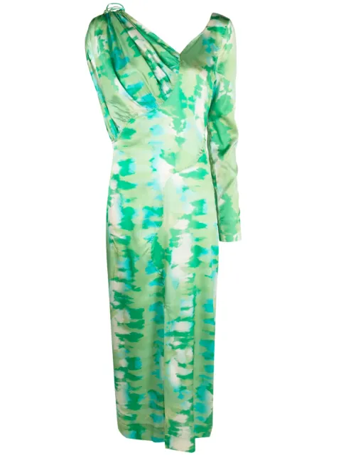GANNI printed off-shoulder silk dress Green F7926