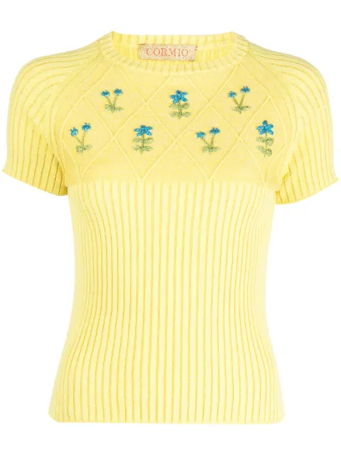 CORMIO flower-embroidered knitted T-shirt Yellow DIAMOND