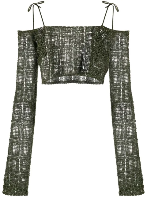 GCDS off-shoulder macramé crop top Green SS23W380921