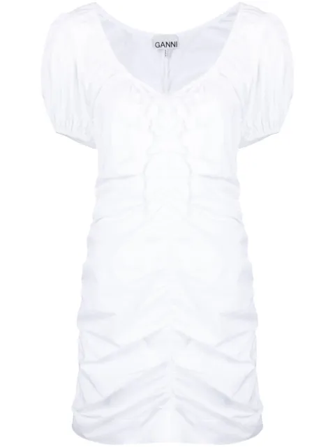 GANNI ruched puff-sleeve minidress White F7705