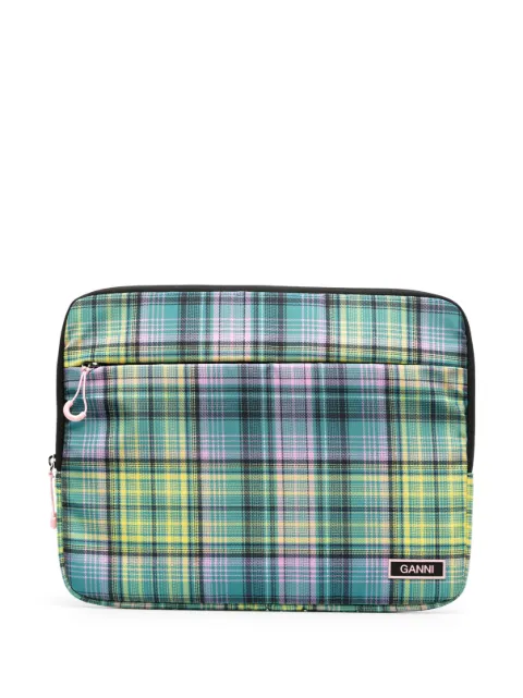 GANNI check-print laptop sleeve Green A4766