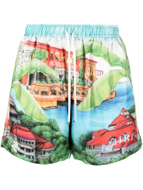 AMIRI Eden graphic-print silk shorts Blue PF23MPB057
