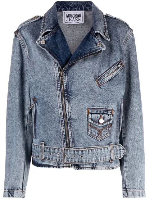 MOSCHINO JEANS crystal-embellished denim biker jacket Blue J05098235