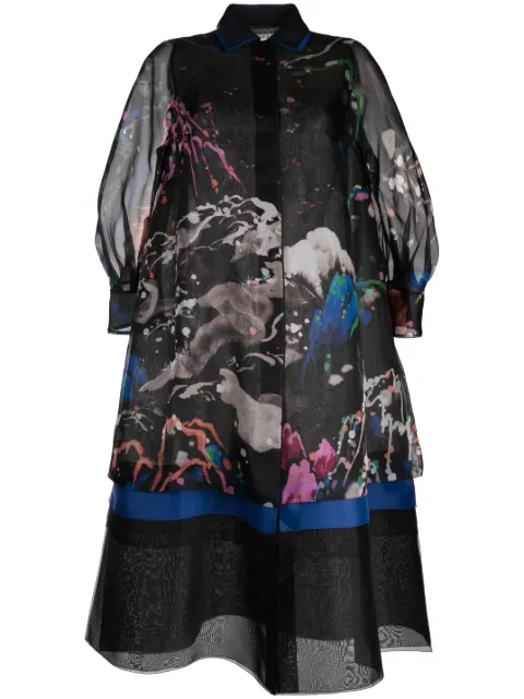 SHIATZY CHEN see-through printed silk coat Black 132657