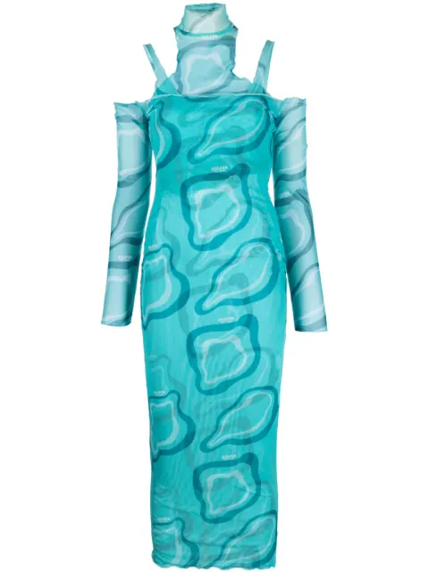 JULFER graphic-print semi-sheer layered dress Blue JASL30
