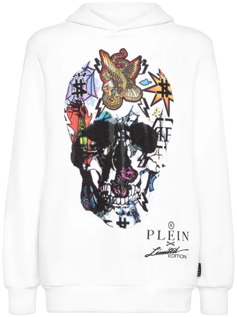 Philipp Plein skull-print crystal-embellished hoodie White UACCUJB0056PJO002N