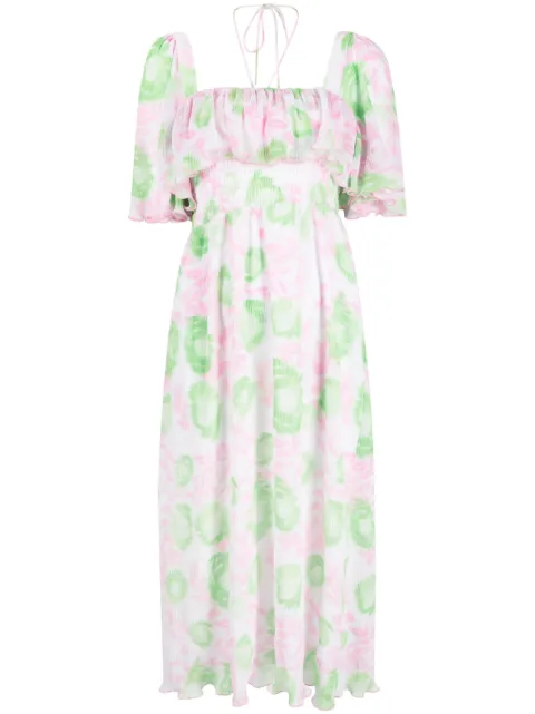 GANNI smocked waist printed midi dress Pink F7744