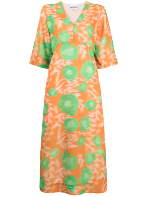 GANNI floral-print midi dress Orange F7688